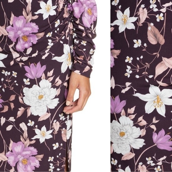 NWT Eliza J Floral Long Sleeve Shirred Midi Dress Aubergine Blooms Plus Size 20W - Picture 5 of 16